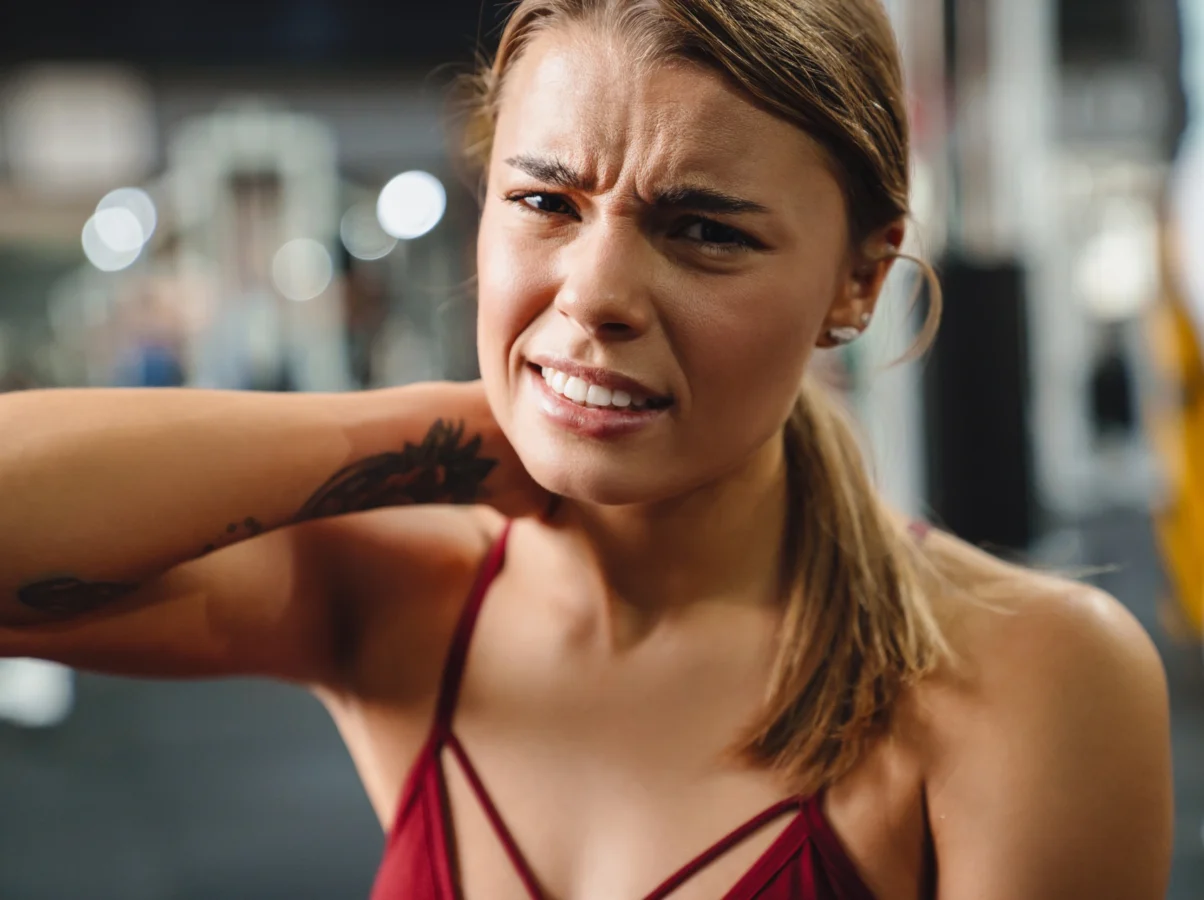Woman holding her neck in discomfort at the gym, showing signs of neck Pain after exercise