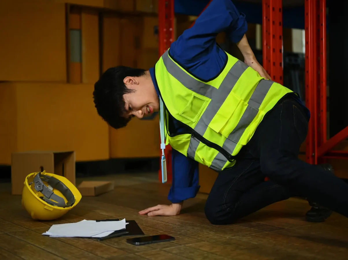 Warehouse worker clutching his lower back in pain after a fall, highlighting the need for Work Injury Physiotherapy Edmonton